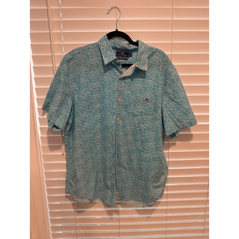 Vineyard Vines Slim Fit Tucker Shirt Mens XL Teal Wave Print Short Sleeve Cotton
